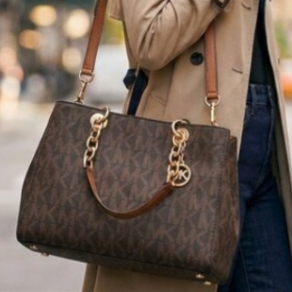 Michael Kors Brown Cynthia Convertible Saffiano Leather Crossbody Satchel Bag